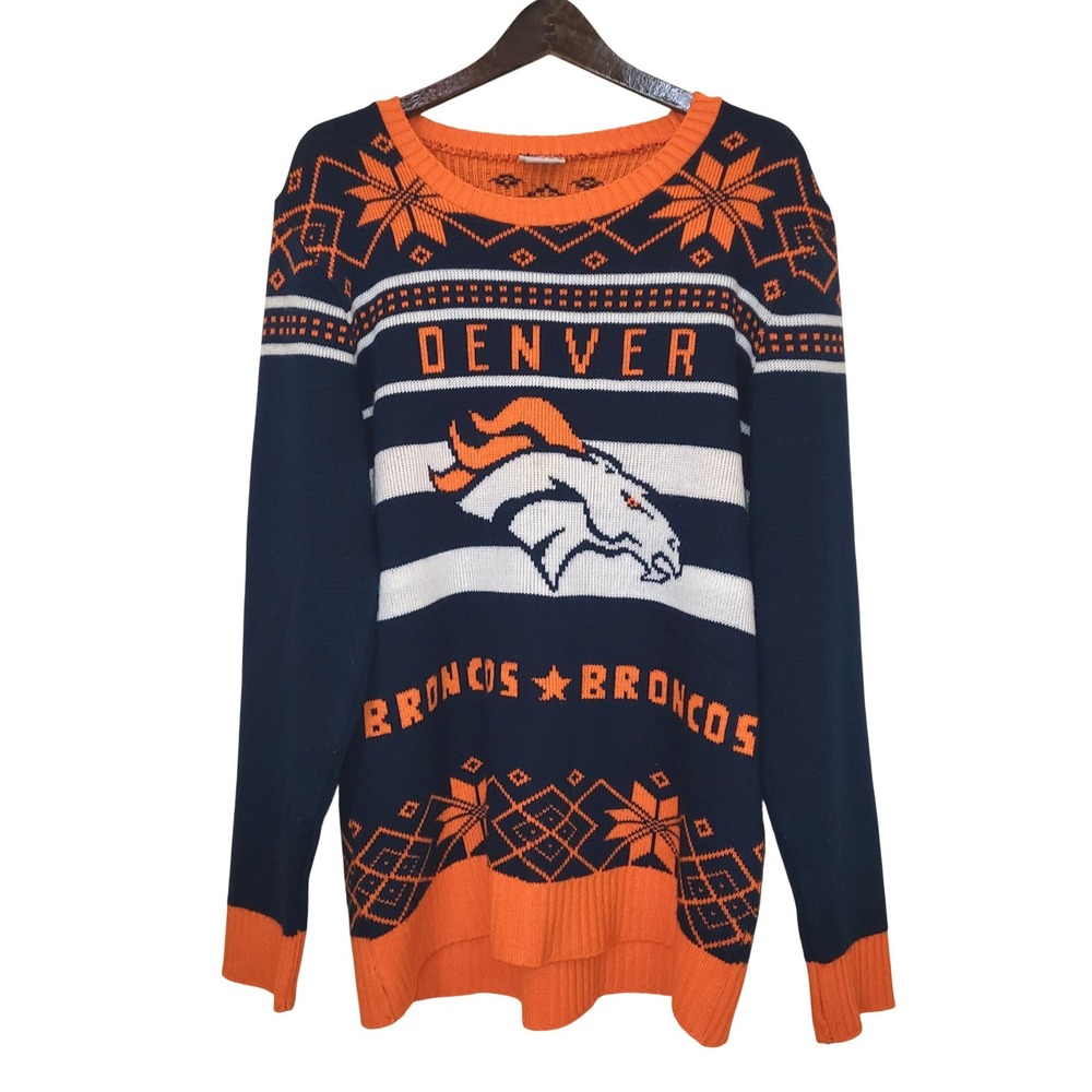 NFL Denver Broncos Blue Orange Horse Head 2 Sided Ugly Christmas Sweater XL